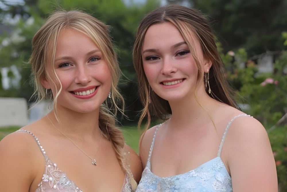 Zwei Schülerinnen der Kalamalka Secondary School stehen lächelnd im grünen Außenbereich mit Bäumen im Hintergrund.