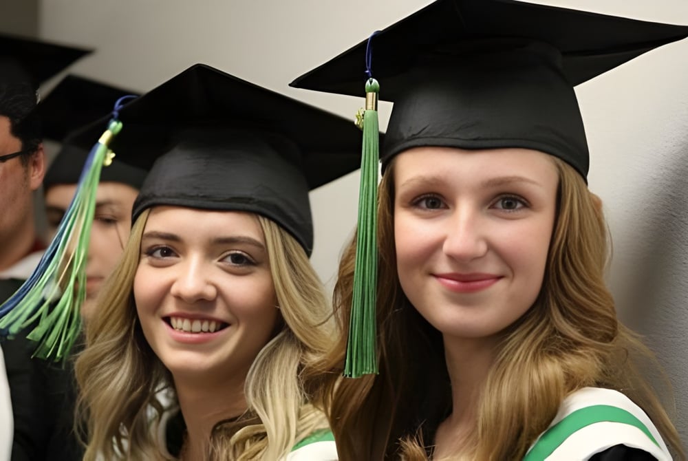 Zwei Schülerinnen in Abschlusskleidung posieren gemeinsam auf einer Abschussfeier der Kamloops School of the Arts.