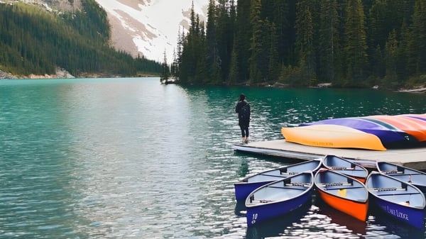 Ein See mit bunten Kajaks und einer Person im Wasser vor bewaldeten Bergen auf dem Gelände der Kamloops School of the Arts.