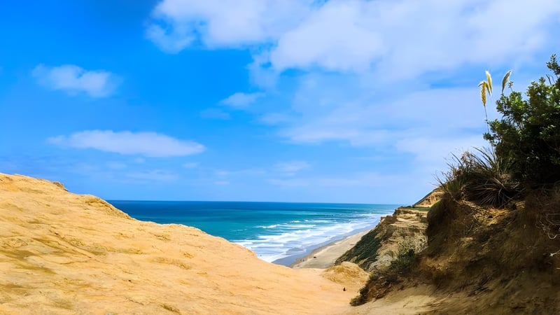 Eine Küstenlandschaft mit zerklüfteten Klippen und türkisfarbenem Meer unter blauem Himmel ohne Bezug zur Kamo High School.