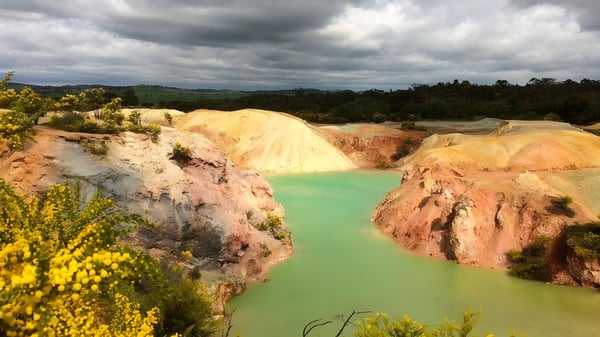 Ein Landschaftsbild mit gelben Wildblumen vor bunten Felsen und einem türkisfarbenen See zeigt die Natur um die Kapunda High School.