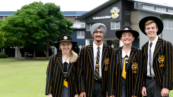 Vier Schülerinnen und Schüler der Kedron State High School stehen vor dem Schulgebäude mit Bäumen im Hintergrund.