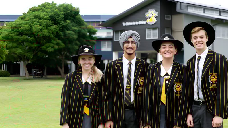 Vier Schülerinnen und Schüler der Kedron State High School stehen vor dem Schulgebäude mit Bäumen im Hintergrund.