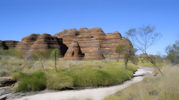 Ein geschwungener Feldweg führt durch eine Wiese zu Sandsteinfelsen unter blauem Himmel auf dem Gelände der Kelmscott Senior High School.