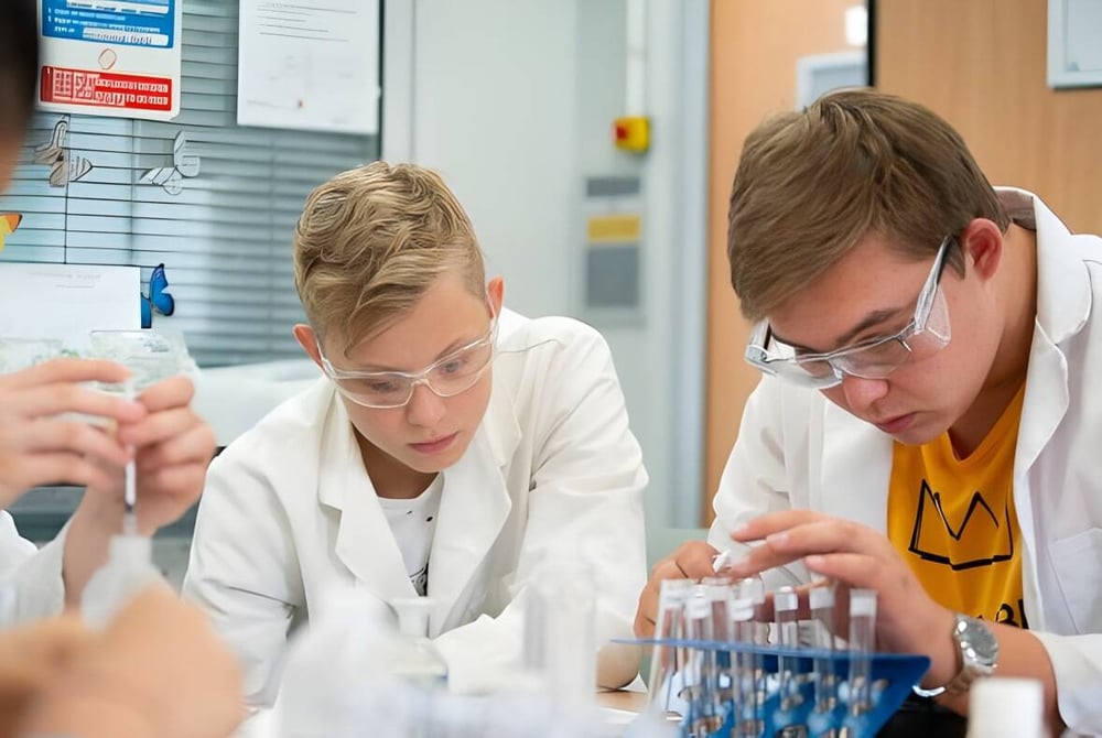 Zwei Personen in Laborkitteln führen ein wissenschaftliches Experiment im Labor der Kensington Park School durch.