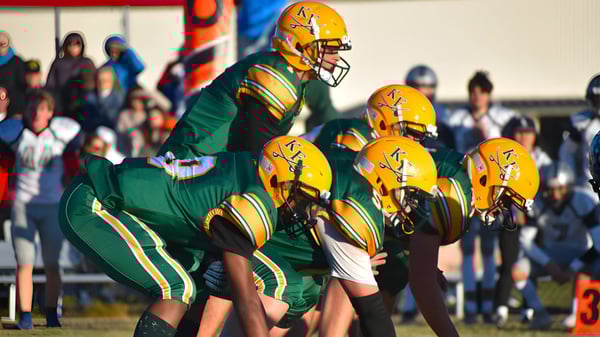Eine Gruppe von Fußballspielern in grünen und gelben Trikots steht auf dem Spielfeld der Kenston Forest School mit Zuschauern im Hintergrund.