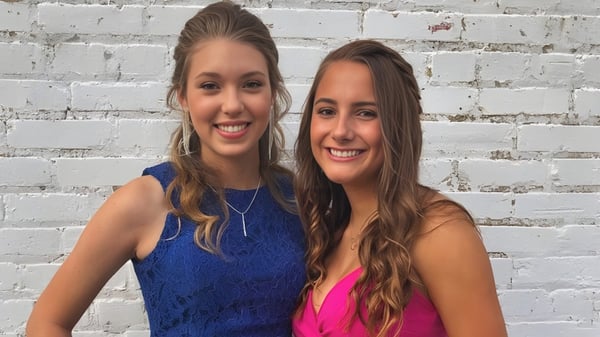 Zwei Schülerinnen der Kenston Forest School posieren lächelnd vor einer weißen Ziegelwand.