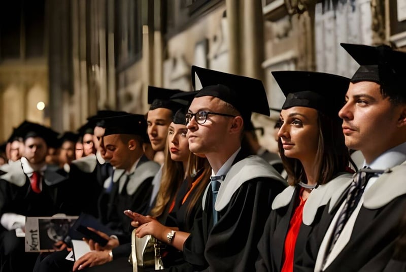 Eine Gruppe von Absolventen in Talar und Barett steht vor einer verzierten Architektur auf dem Campus des Kent College.