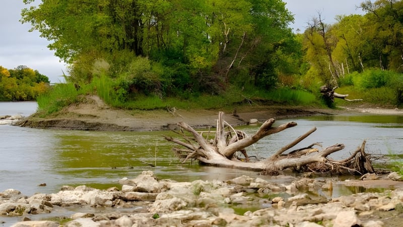Ein ruhiger Fluss fließt durch eine grüne Landschaft entlang des Campus von Kildonan East Collegiate.