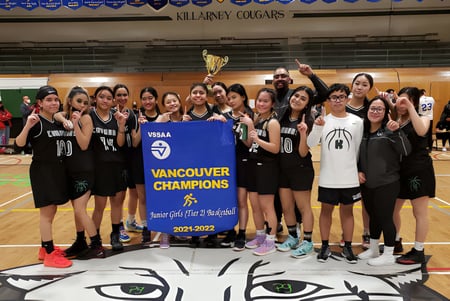 Schülerinnen der Killarney Secondary School feiern ihren Basketball-Meisterschaftssieg mit Pokal und Banner in der Sporthalle.