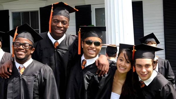 Eine Gruppe von Absolventen in Talaren steht vor einem weißen Gebäude auf dem Campus der Kimball Union Academy.