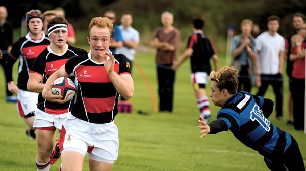 Schüler der King's Ely spielen ein Rugby-Match auf dem Sportplatz mit Zuschauern im Hintergrund.