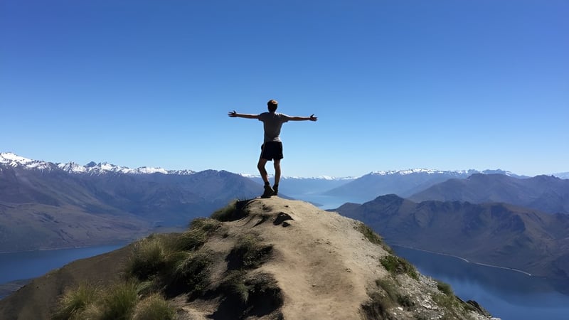 Eine Person steht mit ausgebreiteten Armen auf einem Felsen und blickt auf die Berglandschaft und einen See am Campus der King's High School.