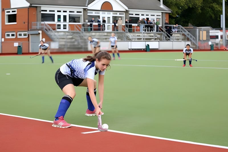 Eine Schülerin oder ein Schüler der King's School Rochester ist in Sportkleidung auf dem Sportfeld in einer Hockposition zu sehen.