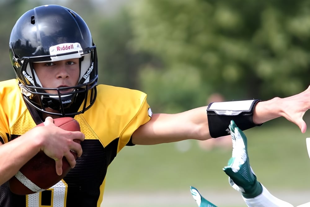Ein Footballspieler der La Salle Secondary School steht mit Helm und Ball auf einem Rasenfeld vor Bäumen.