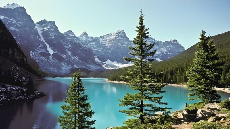 Ein ruhiger Bergsee mit verschneiten Gipfeln und immergrünen Wäldern im Vordergrund nahe der Lake Cowichan Secondary School.