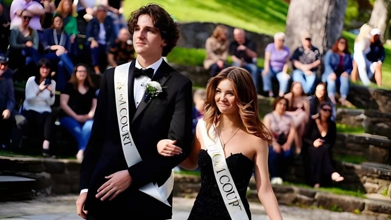 Schüler des Lake George Junior-Senior High School nehmen an einer formellen Außenveranstaltung teil.