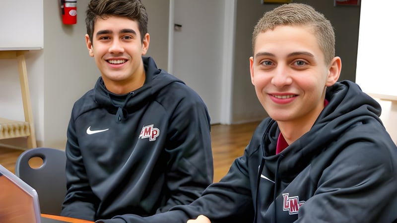 Zwei Schüler der Lake Mary Preparatory School tragen dunkle Hoodies mit UH-Logo und lächeln in einem Innenraum.