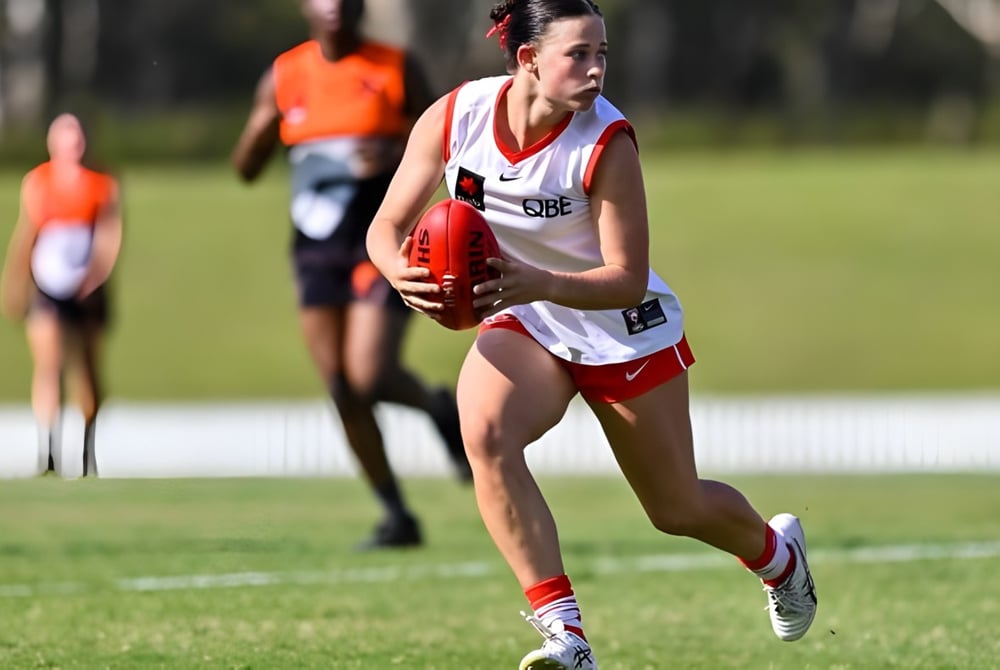 Eine Athletin in weiß-rotem Sportdress läuft auf dem Sportplatz der Lambton High School.