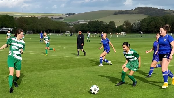 Schüler des Lancing College spielen ein Fußballspiel auf einem grünen Spielfeld vor hügeliger Landschaft und bewölktem Himmel.