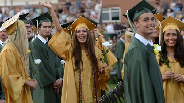 Absolventen von Lanesboro Community College stehen im Freien in grünen und goldenen Talaren und grüßen in die Kamera.