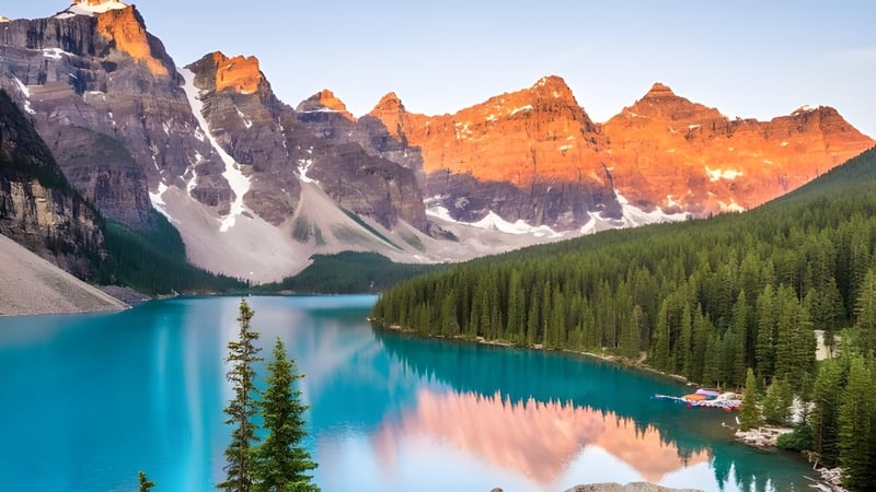 Ein schneebedeckter Berg ragt über einen türkisfarbenen See und einen Nadelwald auf dem Gelände der Langley Fine Arts School.