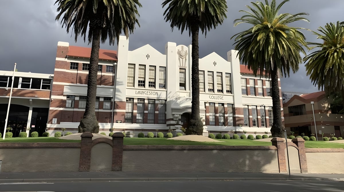 Das große, verzierte Backsteingebäude von Launceston College mit Palmen im Vordergrund unter bewölktem Himmel.