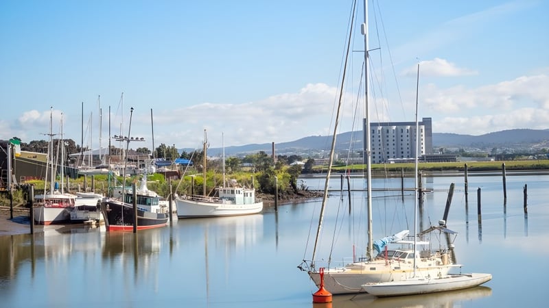 Blick auf den Hafen mit Booten und Gebäuden im Hintergrund, gesehen vom Launceston College.