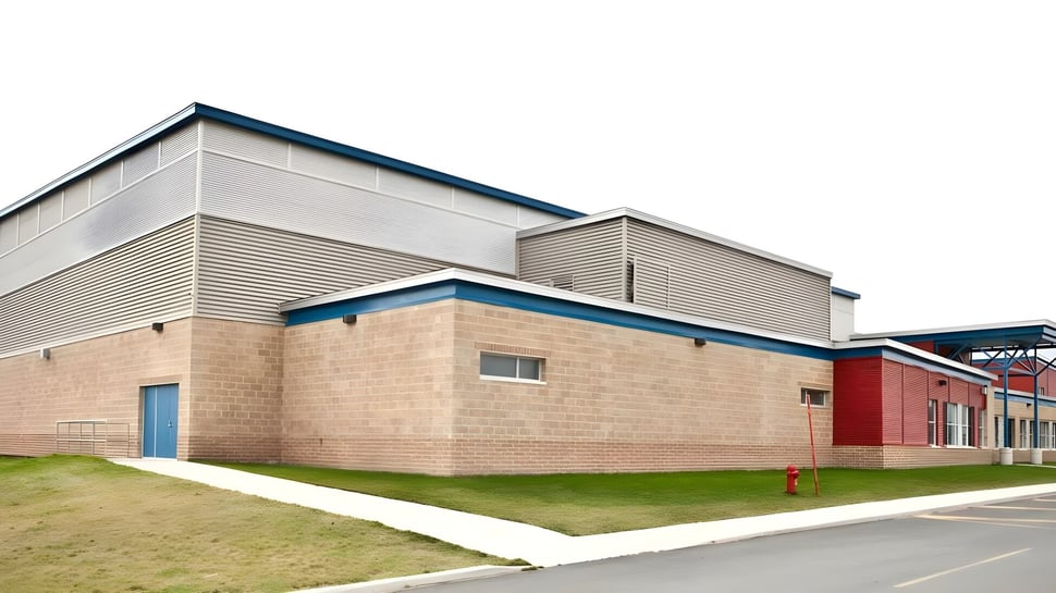 Das moderne, mehrstöckige Schulgebäude der Laval High School mit Glas-, Metall- und Backsteinelementen und umgebender Grünfläche.