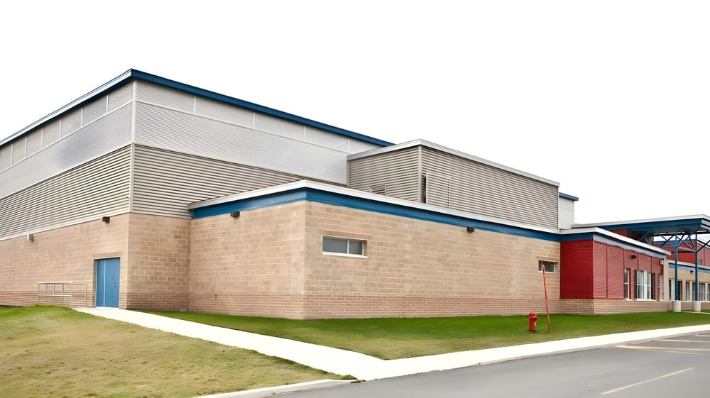 Das moderne, mehrstöckige Schulgebäude der Laval High School mit Glas-, Metall- und Backsteinelementen und umgebender Grünfläche.