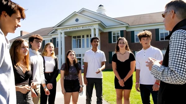 Eine Gruppe Schülerinnen und Schüler steht vor dem Backsteingebäude der Lawrence Academy.