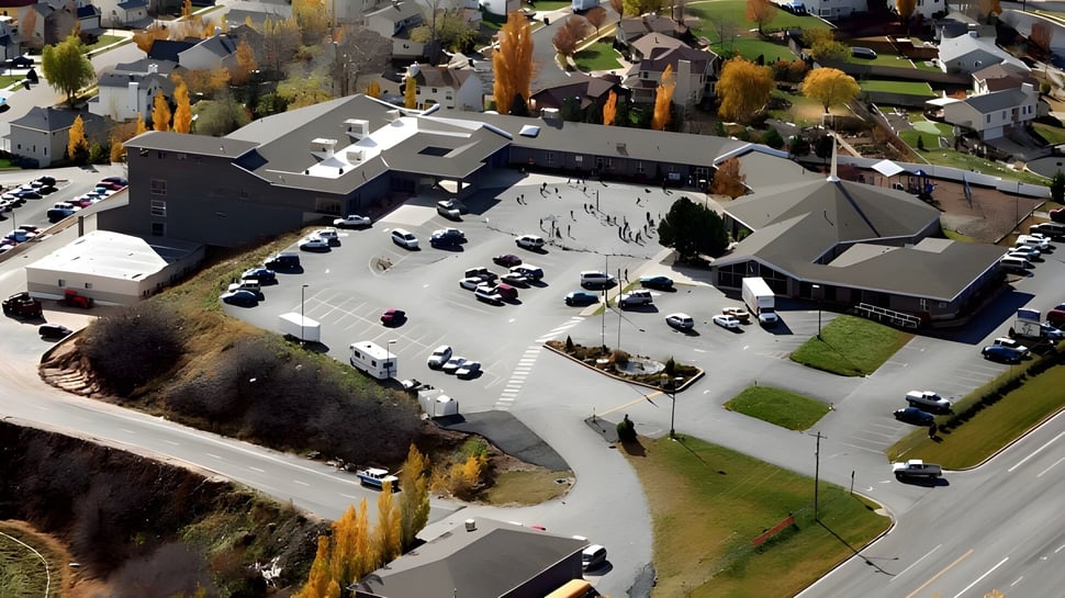 Das mehrstöckige Hauptgebäude der Layton Christian Academy mit dem weitläufigen Außenplaza und umliegenden kleineren Gebäuden vor einer hügeligen Landschaft.