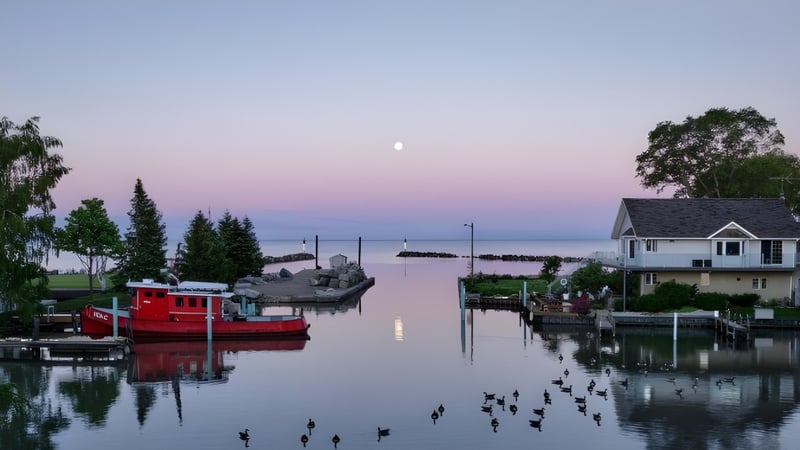 Ein rotes Boot liegt am Seeufer vor Häusern und Bäumen auf dem Gelände der Leamington District Secondary School bei Dämmerung.