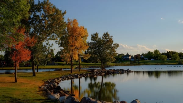 Ein ruhiger See mit herbstlicher Laubfärbung an der Uferzone auf dem Gelände der Lethbridge School Division.