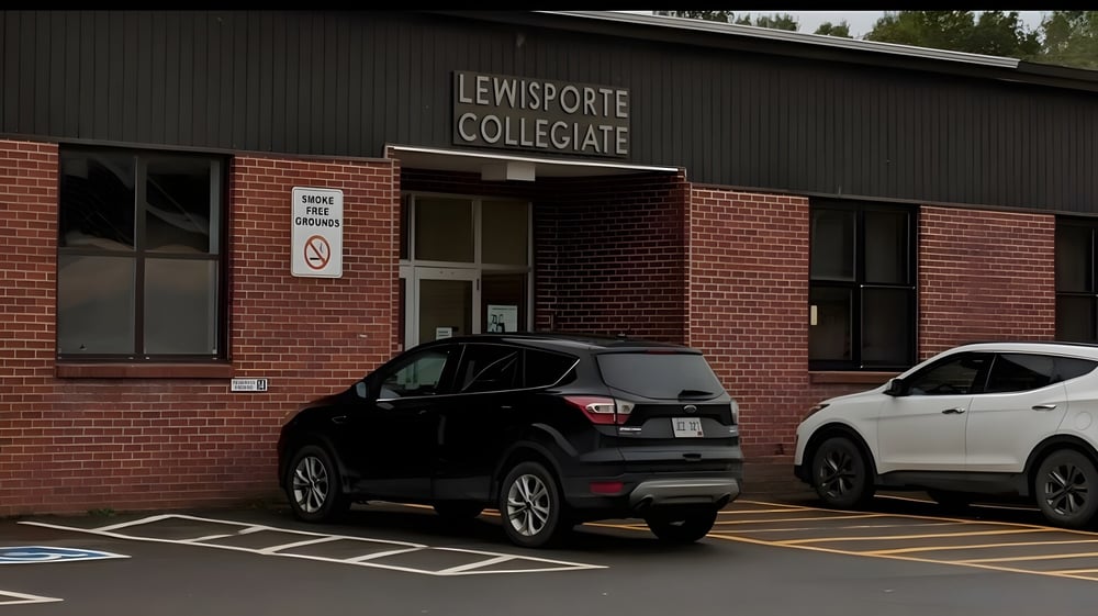Das Backsteingebäude von Lewisporte Collegiate mit zwei geparkten Fahrzeugen davor.
