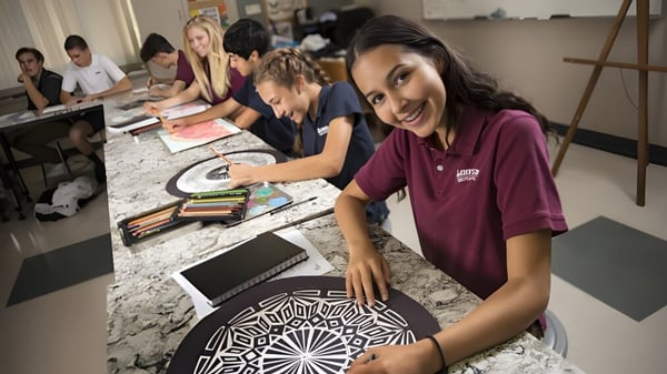Schüler der Linfield Christian School arbeiten gemeinsam an Projekten in einem Kunst- und Designstudio.