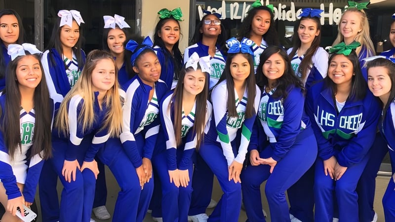 Eine Gruppe Schülerinnen in blauen Uniformen posiert gemeinsam auf dem Campus der Littlerock High School.