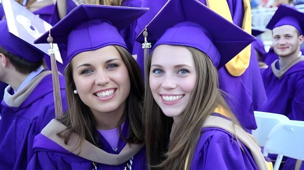 Zwei Absolventinnen der London Central Secondary School in violetten Abschlussgewändern stehen zusammen in einer Gruppe von Absolventen.