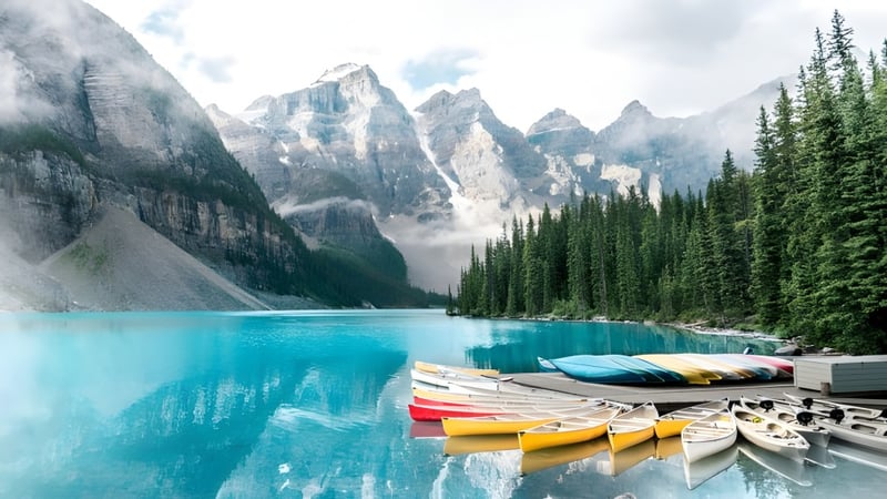 Ein ruhiger alpiner See mit bunten Kajaks am Ufer vor schneebedeckten Bergen in der Nähe der Longfields-Davidson Heights Secondary School.
