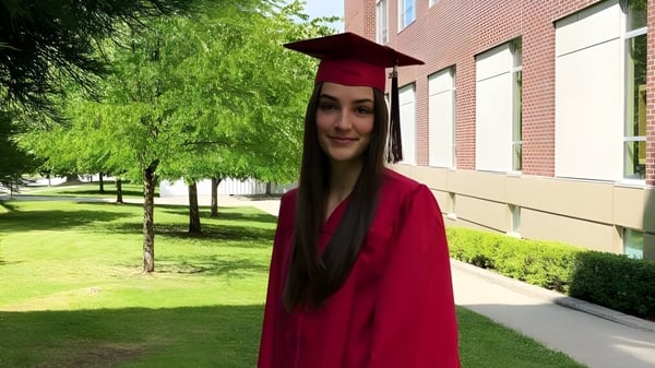 Eine junge Frau in rotem Abschlussgewand steht vor dem Backsteingebäude der Lord Byng Secondary School.