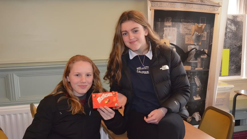 Zwei Schülerinnen der Loreto Abbey Secondary School stehen gemeinsam in einem Klassenraum mit Kamin.