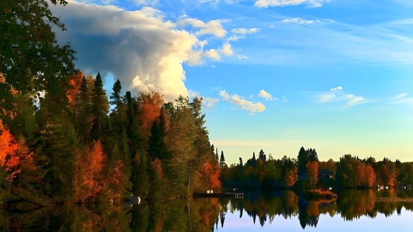 Ein ruhiger See mit herbstlicher Baumlandschaft und bewölktem Himmel auf dem Gelände des Lower Canada College.