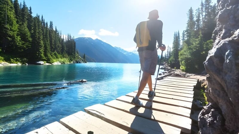 Eine Person steht auf einem Steg und blickt auf einen türkisfarbenen See mit Bergen im Hintergrund auf dem Gelände des Loyalist Collegiate & Vocational Institute.