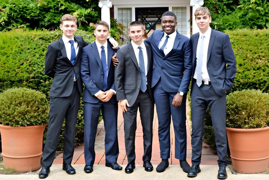 Eine Gruppe Schüler der Luckley House School steht formell gekleidet in einem gepflegten Garten mit Topfpflanzen und Hecken.