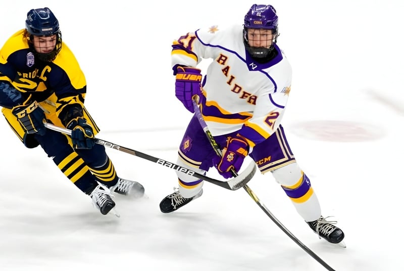 Zwei Hockeyspieler in voller Ausrüstung spielen auf dem Eisfeld der Luther College High School.