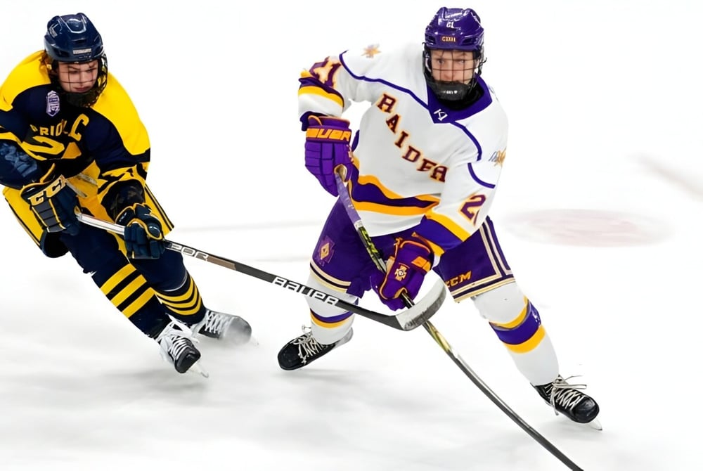 Zwei Hockeyspieler in voller Ausrüstung spielen auf dem Eisfeld der Luther College High School.