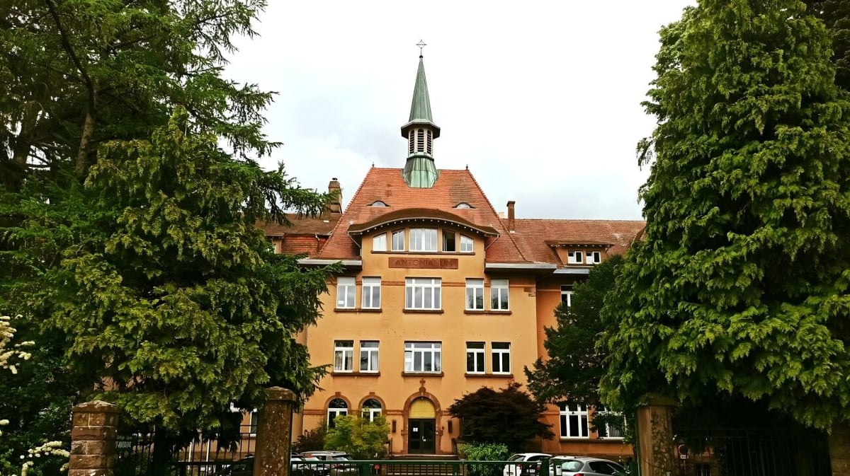 Das historische Gebäude mit einem hohen Turm des Lycée Saint Antoine ist von grünen Bäumen umgeben.