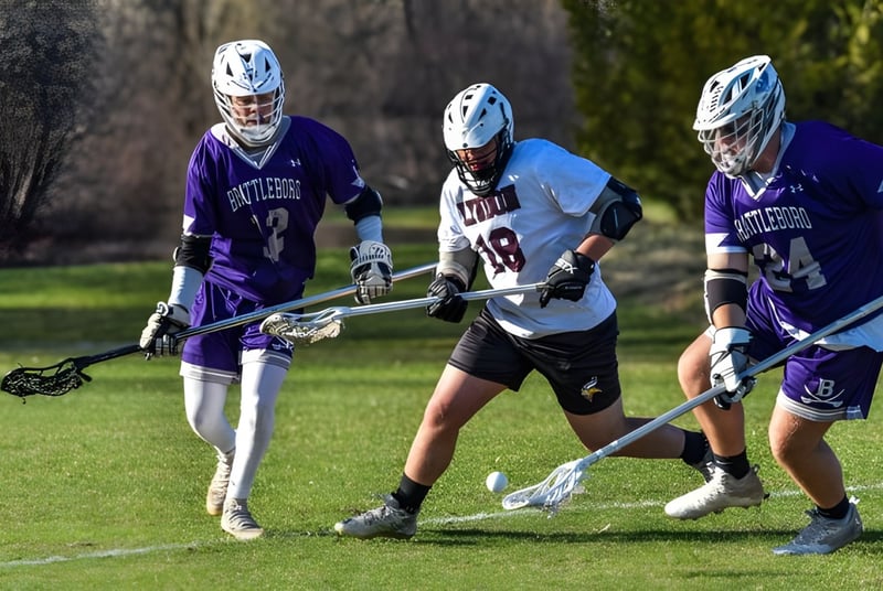 Drei Spieler in Lacrosse-Uniformen beim Wettkampf auf dem Sportfeld des Lyndon Institute bei Nacht.