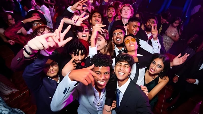 Eine Gruppe von Schülerinnen und Schülern des Lynfield College posiert in einer lebhaften Atmosphäre.