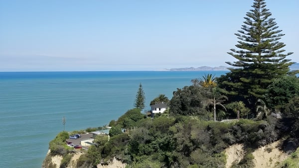 Grüner Hang mit Blick auf das weite Meer und Berge im Hintergrund auf dem Gelände des Lynfield College.